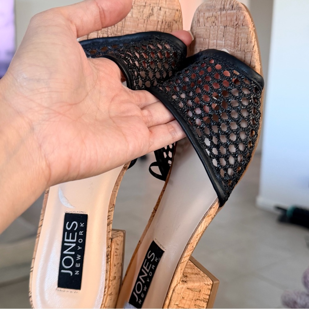 NWOT | Jones New York Black Cork Block Heel Woven Slide Sandals - Picture 2 of 6